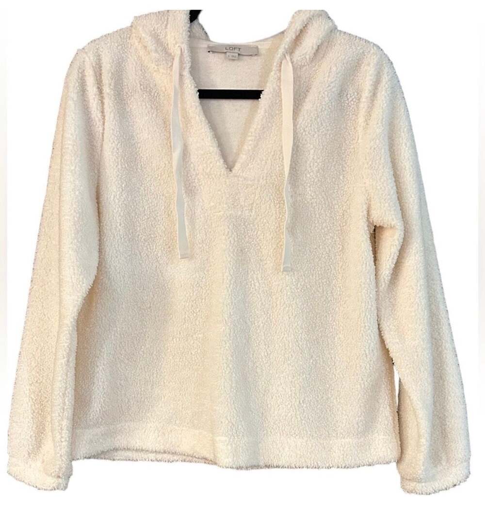 LOFT Women's Cream Faux Sherpa Fleece V-Neck Drawstring Hoodie Sweatshirt Size S